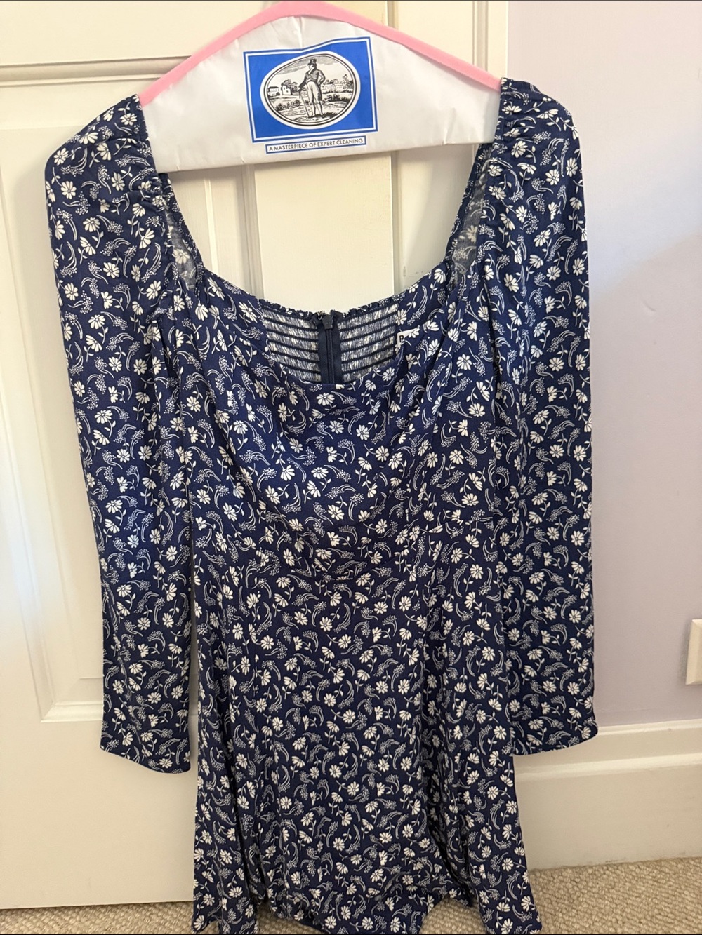 Reformation Navy Blue Floral Long-Sleeve Dress